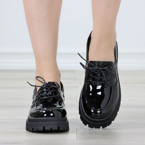 Chunky Penny Loafers Black Lug Sole Slip On Platform Patent Black Lace Up - Picture 3 of 14